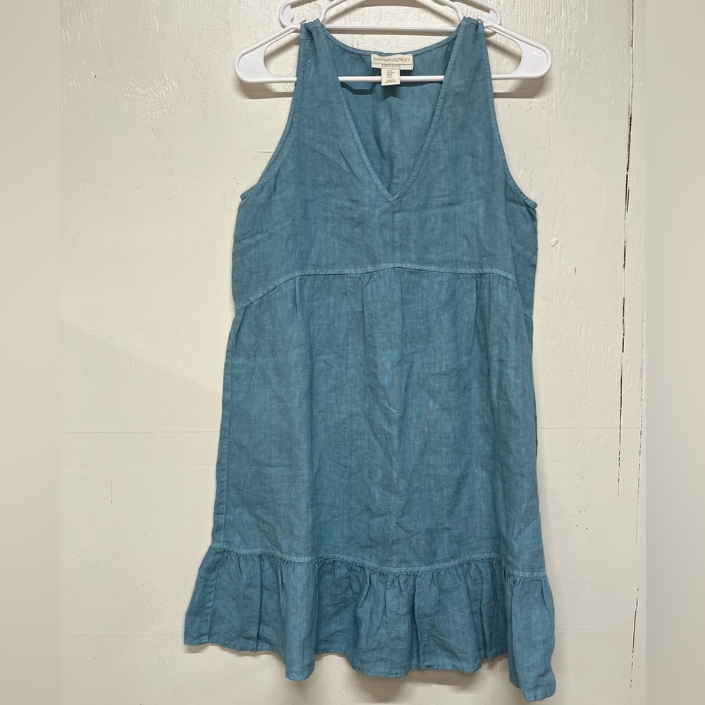 Cynthia Rowley blue 100% linen V-neck minimalist dress size medium cottage core